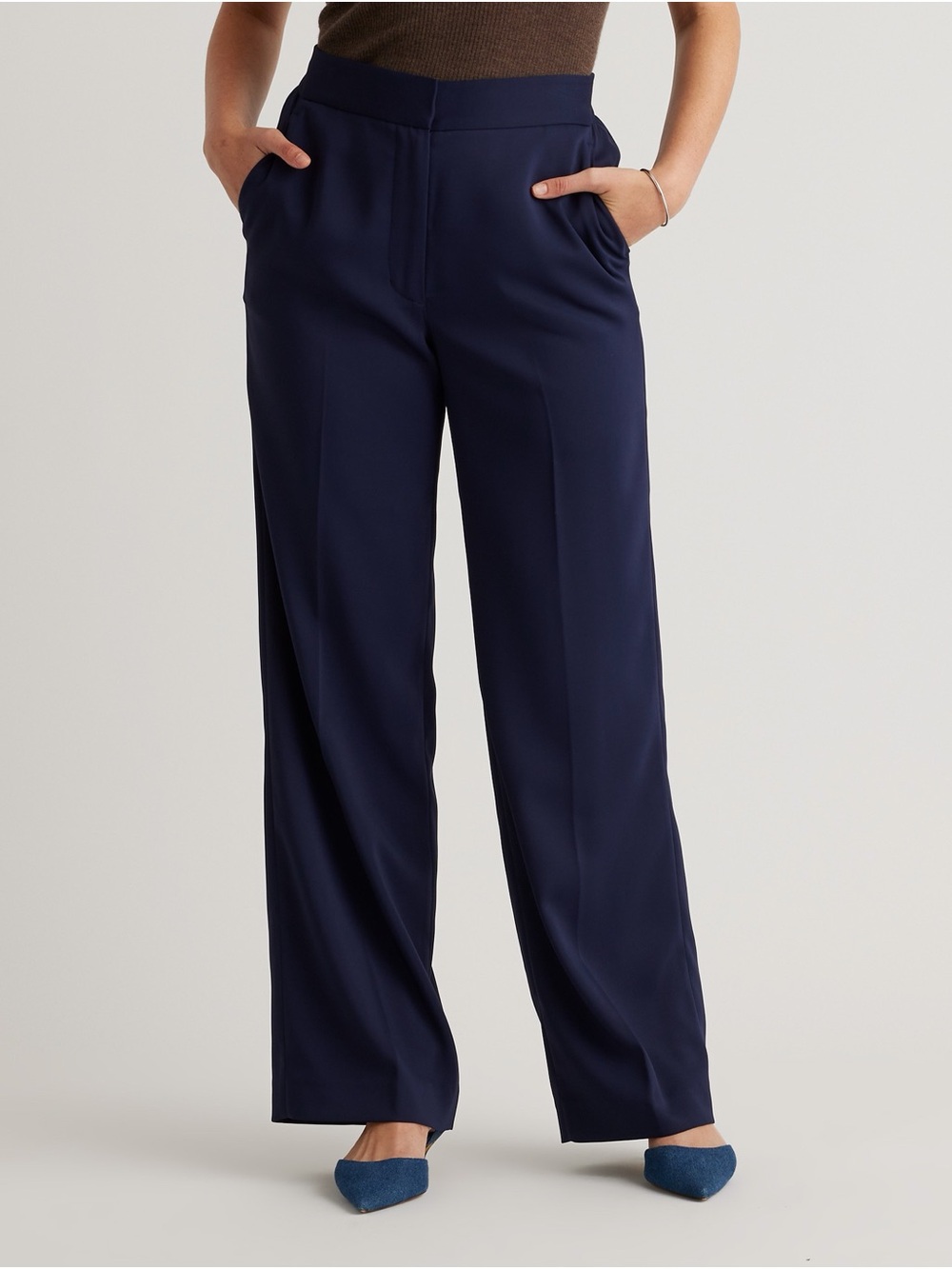 NWT Quince Navy Wide-Leg Stretch Crepe Classic Trouser Pants